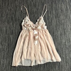 Victoria's Secret Babydoll Negligee Lace Sheer Mesh Bow Top Pink Size Small